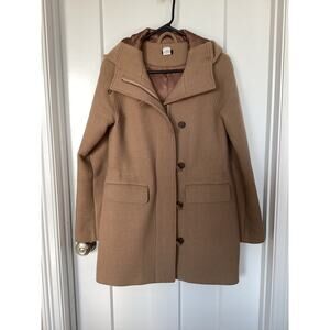 J. Crew Women's Wool Blend Hooded Full Zip Button Front‎ Pea Coat Tan Size 2
